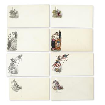 PATRIOTIC COVERS--UNION. Group of nine pairs (eighteen postal covers), exquisitely engraved and hand-tinted covers---before and after,